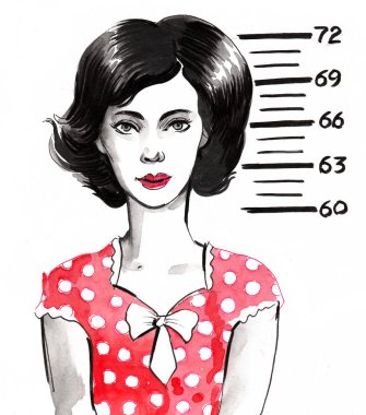 Güzel kadın sabıka fotoğrafı. Mürekkep ve suluboya çizimi