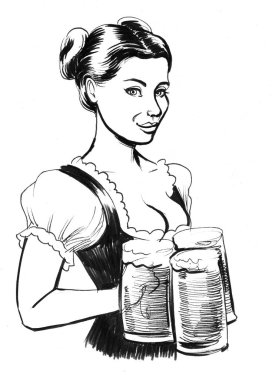 Bira bardaklarıyla güzel bir Alman garson. Mürekkep siyah beyaz çizim