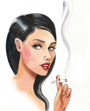 Esrar içen güzel bir kadın. Mürekkep ve suluboya çizimi