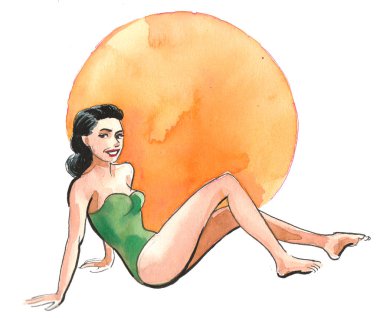 Kumsalda mayo giymiş güzel bir kadın. Mürekkep ve suluboya çizimi