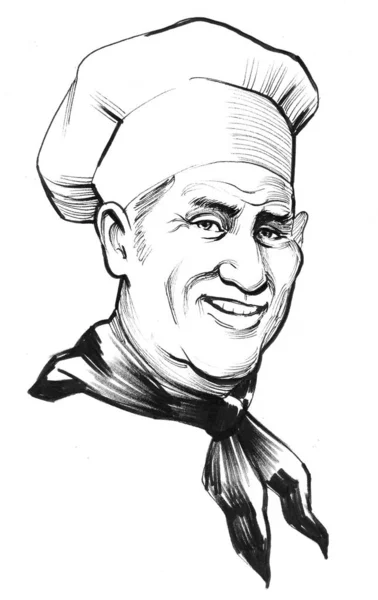 Koch Mit Hut Schwarz Weiße Tuschezeichnung — Stockfoto