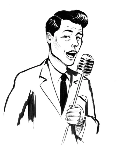 Hombre Guapo Cantando Dibujo Blanco Negro Tinta —  Fotos de Stock