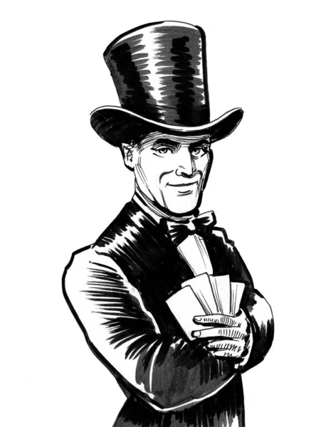Hazardzista Kartami Czarno Biały Rysunek Atramentu — Zdjęcie stockowe