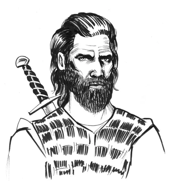 Starożytny Wojownik Czarno Biały Rysunek Atramentu — Zdjęcie stockowe