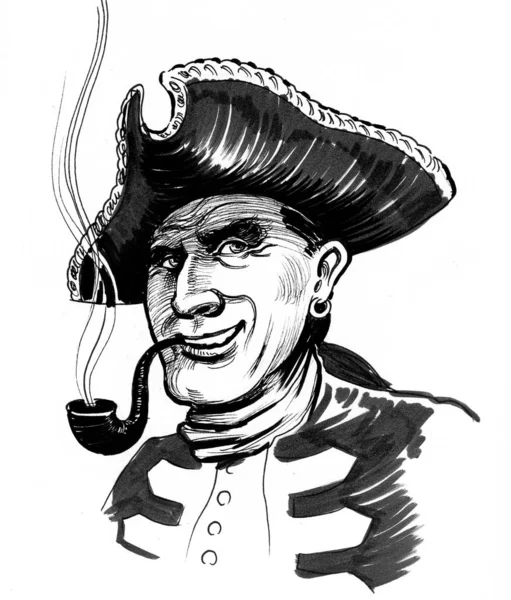 Capitaine Pirate Fumer Pipe Encre Dessin Noir Blanc — Photo