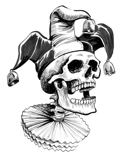 Dead jester. Ink black and white drawing