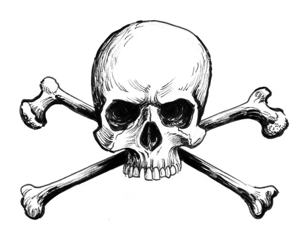 Skull Crossed Bones Ink Black White Drawing — Stock Photo, Image