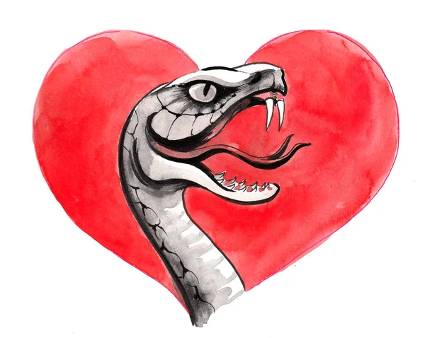 Ανθρώπινη Καρδιά Και Κακό Φίδι Εικονογράφηση Μελανιού Και Ακουαρέλας — Φωτογραφία Αρχείου