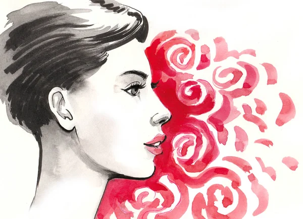 きれいな女性とバラの花 水墨画 — ストック写真