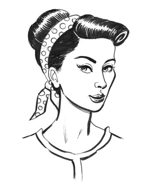 Pretty Woman Pin Styled Hair Ink Black White Drawing — Stock Photo, Image