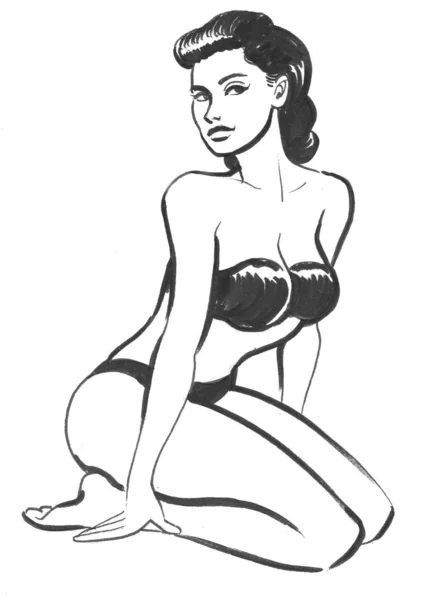 Pretty Woman Swimming Suit Ink Black White Drawing — Stock Photo, Image