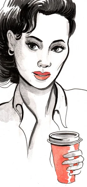 Красивая Женщина Чашкой Кофе Чернила Акварель — стоковое фото