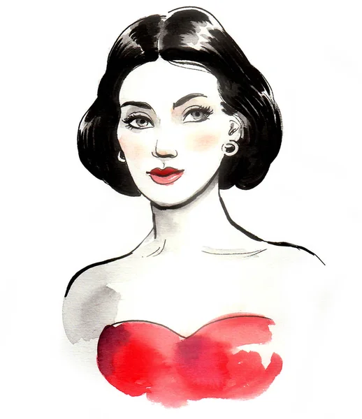 Bella Signora Vestita Rosso Illustrazione Inchiostro Acquerello — Foto Stock