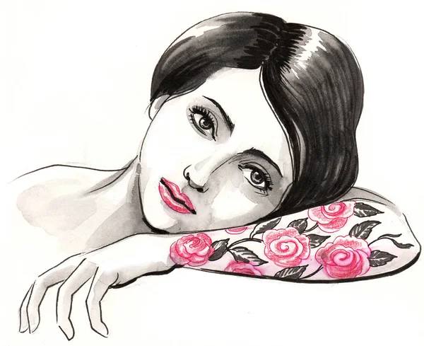 Una Mujer Bonita Con Tatuaje Ilustración Tinta Acuarela — Foto de Stock