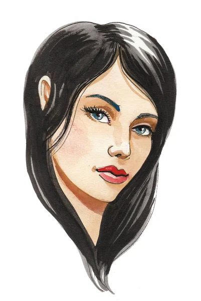 Pretty Woman Face Ink Watercolor Illustration — Stock Photo, Image