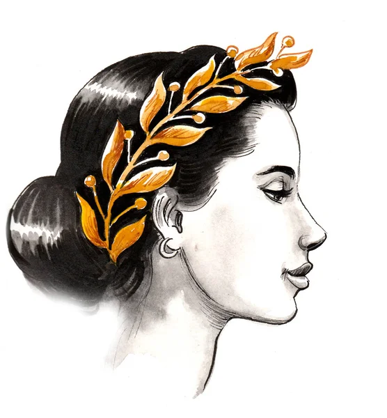 Altın Çelenkli Güzel Bir Kadın Mürekkep Suluboya Çizimi — Stok fotoğraf