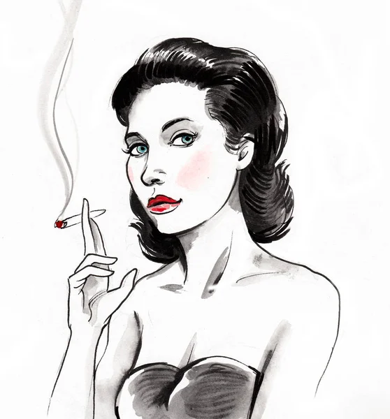 Hezká Žena Kouří Marihuanu Inkoust Akvarel Ilustrace — Stock fotografie