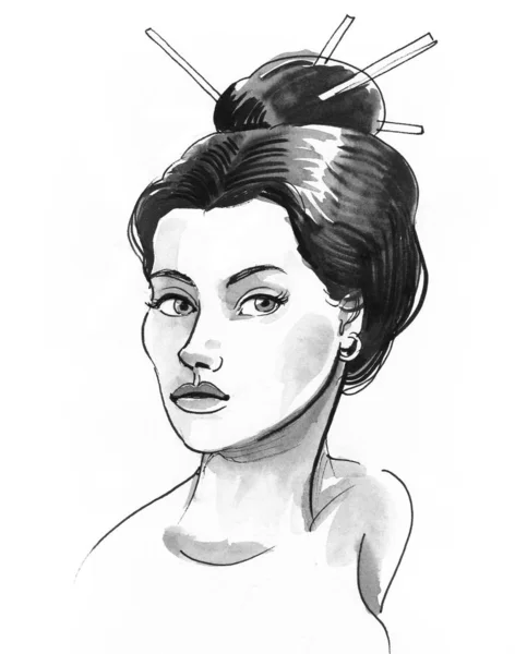 Vacker Kvinna Ansikte Bläck Och Akvarell Illustration — Stockfoto