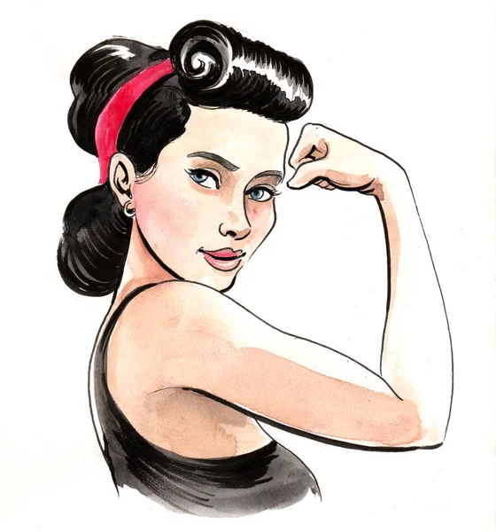 Pěkná Štíhlá Žena Ohýbá Biceps Inkoust Akvarel Ilustrace — Stock fotografie
