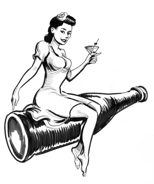 ボトルにシャンパンのグラスをかけたきれいな女性 墨と白のドローイング — ストック写真