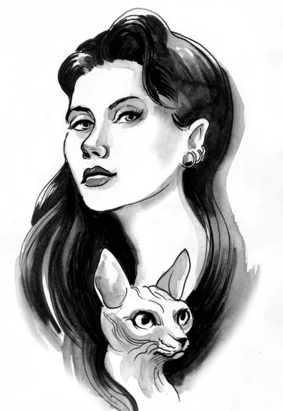 Una Mujer Bonita Con Gato Ilustración Tinta Acuarela —  Fotos de Stock