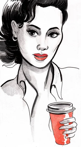Όμορφη Γυναίκα Πίνει Καφέ Εικονογράφηση Μελανιού Και Ακουαρέλας — Φωτογραφία Αρχείου