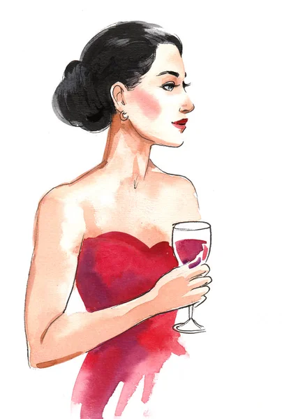 Όμορφη Κυρία Ένα Ποτήρι Κόκκινο Κρασί Αρρώστια Μελανιού Και Ακουαρέλας — Φωτογραφία Αρχείου