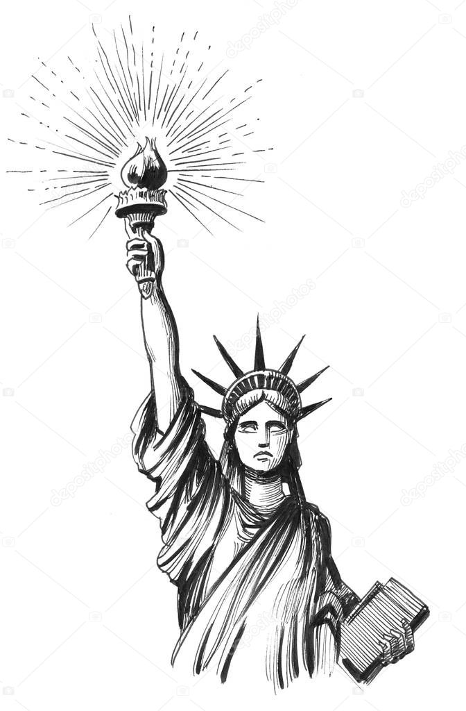 Ink black and white drawing of a statue of Liberty in New York City
