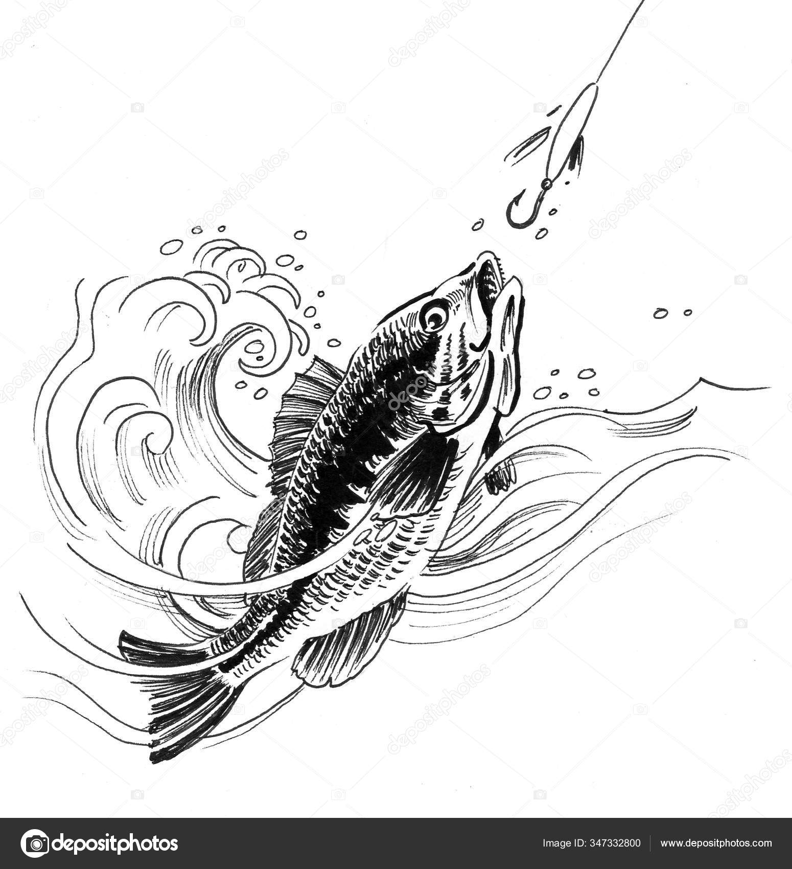 Pescado Anzuelo Dibujo Blanco Negro Tinta Ilustración de stock de  ©alexblacksea #347332800