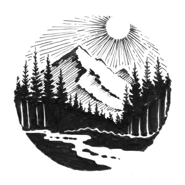 Dağ nehri. Mürekkep siyah beyaz çizim