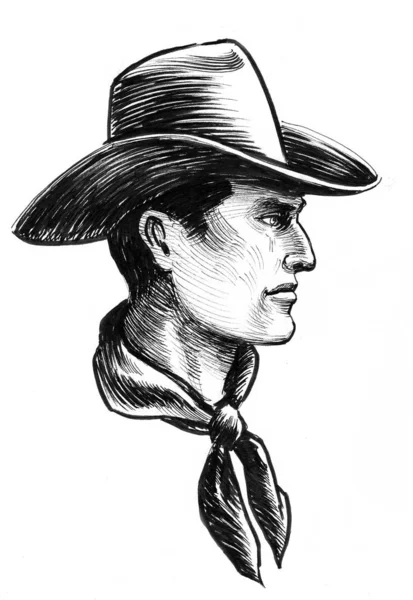 Vaquero Con Sombrero Dibujo Blanco Negro Tinta —  Fotos de Stock