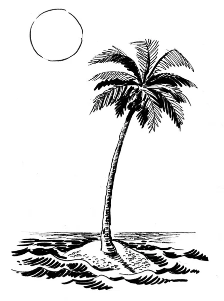 Opuštěný Ostrov Palmou Oceánu Černobílá Kresba Inkoustu — Stock fotografie