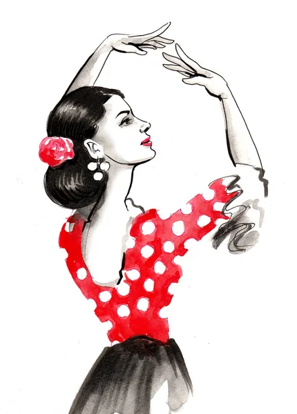 Güzel Flamenko Dansçısı Mürekkep Suluboya Resim — Stok fotoğraf