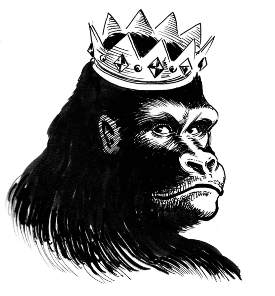 Royal Gorilla Crown Ink Black White Drawing — Stock Photo, Image