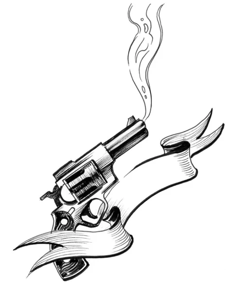 Kouřící Revolver Prázdný Prapor Černobílá Kresba Inkoustu — Stock fotografie