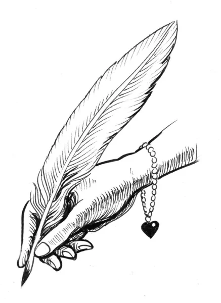 Female Hand Writing Quill Pen Ink Black White Drawing — Stock Photo, Image
