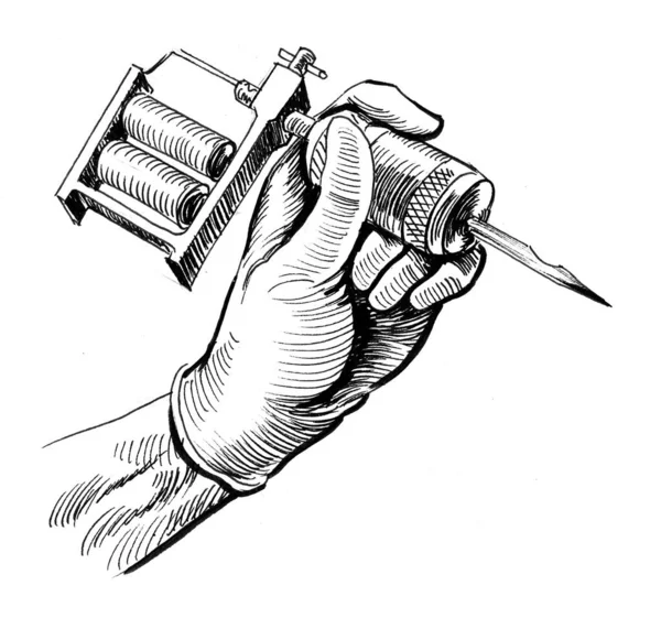 Hand Med Tatueringsmaskin Bläck Svart Och Vit Teckning — Stockfoto