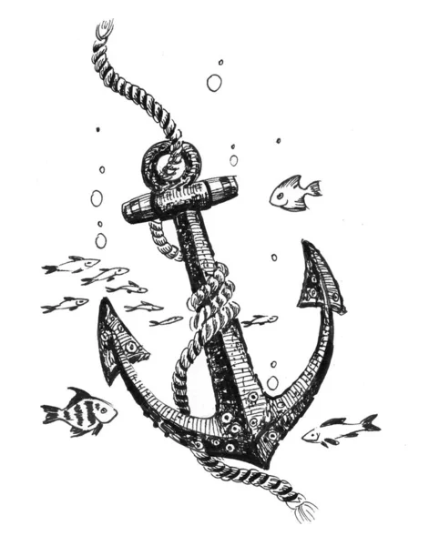 Ukotvit Mořské Vodě Rybami Černobílá Kresba Inkoustu — Stock fotografie