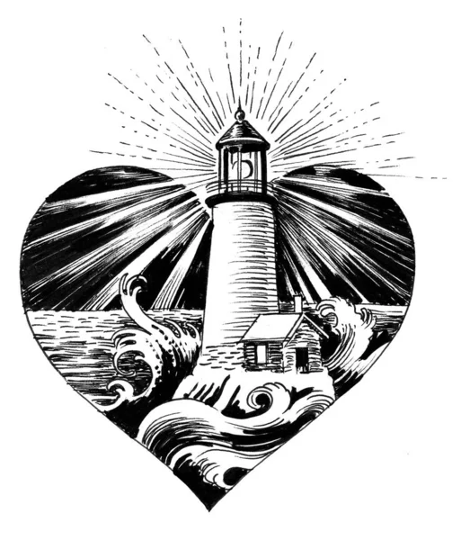 Phare Mer Orageuse Forme Coeur Encre Dessin Noir Blanc — Photo