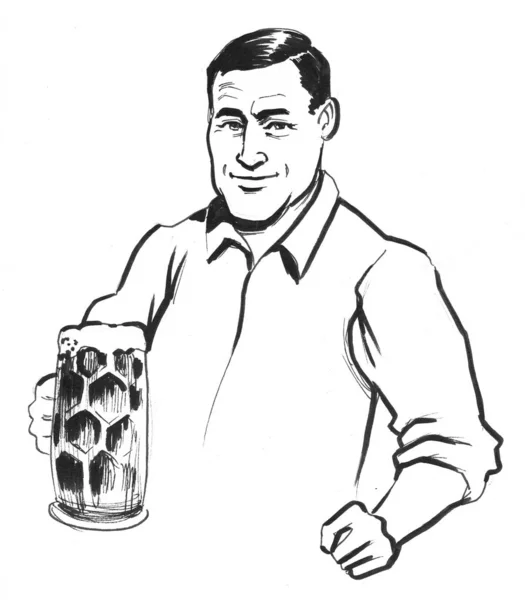 一个拿着啤酒杯的男人 墨水黑白画 — 图库照片