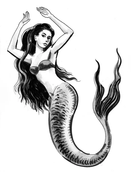 Pretty Mermaid Ink Watercolor Illustration — Stock Photo, Image