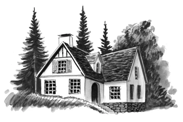 古老的农舍和树木墨水黑白画 — 图库照片