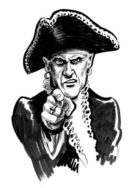 Capitaine Pirate Pointant Vers Spectateur Encre Dessin Noir Blanc — Photo