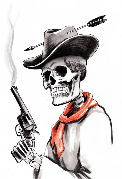 Cowboy Morto Com Uma Arma Fumo Tinta Aquarela Ilustração — Fotografia de Stock