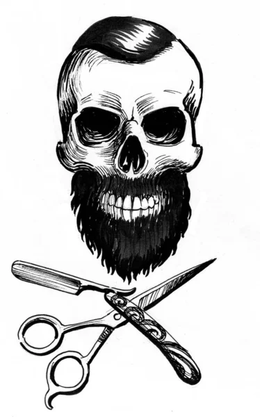 Bearded human skull and crossed razor and scissors. Digital