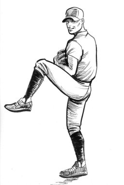 Beyzbol oyuncusu. Mürekkep siyah beyaz çizim