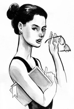 Kitaplı güzel bir kız. Mürekkep siyah beyaz çizim