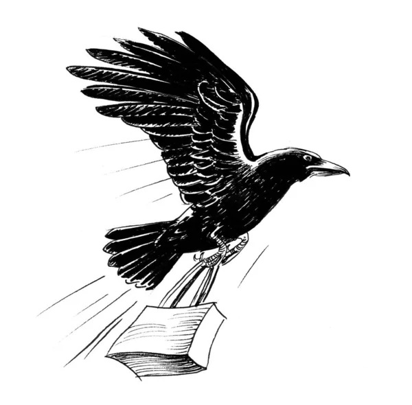 Latający Kruk Torbą Zakupy Czarno Biały Rysunek Atramentu — Zdjęcie stockowe