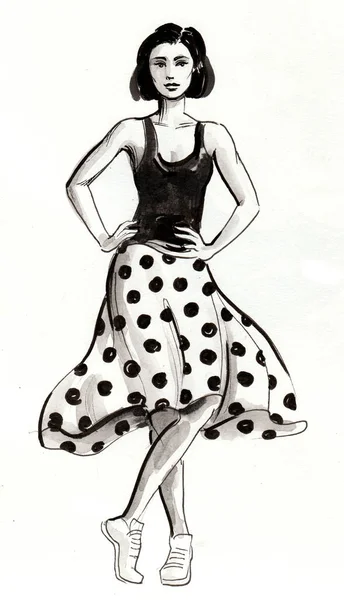 Pretty Woman Skirt Black Top Ink Watercolor Illustration — Stock Photo, Image