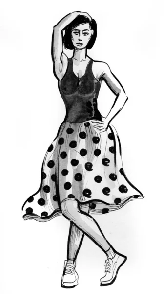 Hezká Žena Černém Svršku Sukni Inkoust Akvarel Ilustrace — Stock fotografie